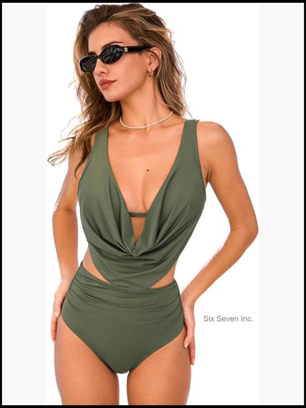 High Waisted Deep V Cowl Neck Bikini Set with Ruching
